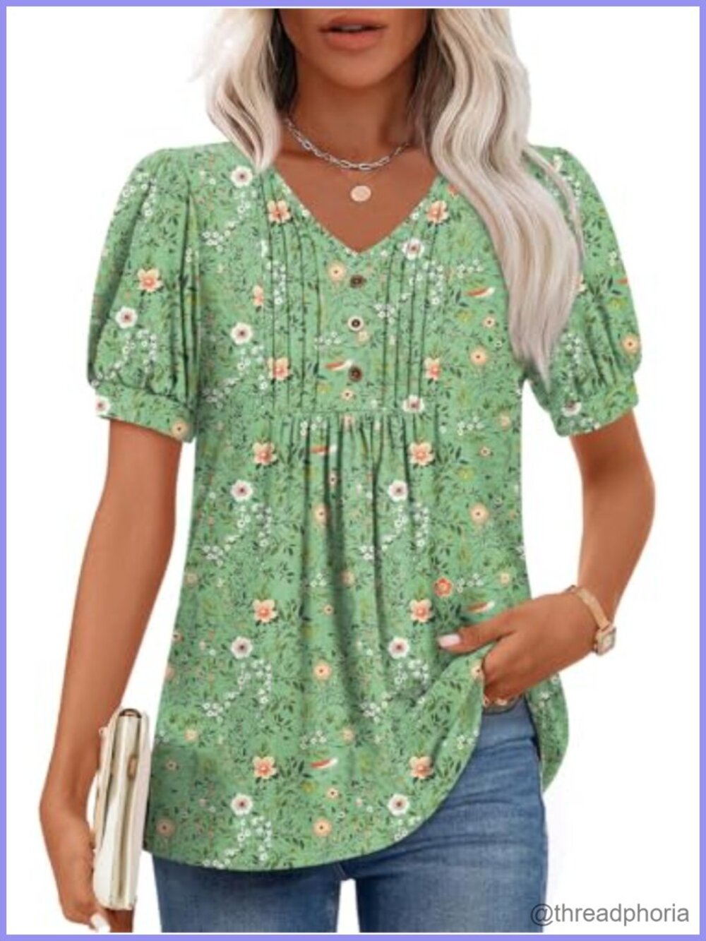 Women's Summer Tunic Top Pleated Puff Sleeve V-Neck Blouse Casual